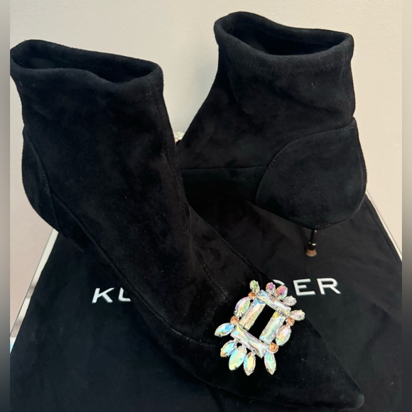 Kurt Geiger Bellevue Suede Leather Heeled Ankle Boots Black Crystals 8 38 - Picture 2 of 7